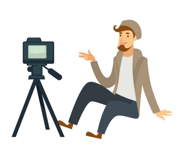 illustrazioni stock, clip art, cartoni animati e icone di tendenza di blogger o vlogger uomo che spara videocamera vettoriale - lifehack